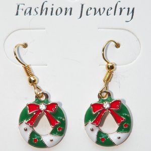 Gold Christmas Wreath 3/4" Earrings Rhinestone Dangling